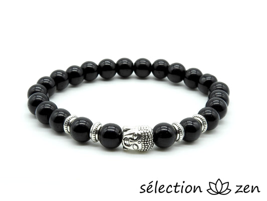 bracelet bouddha argenté onyx noir brillant 8mm 19cm selection-zen