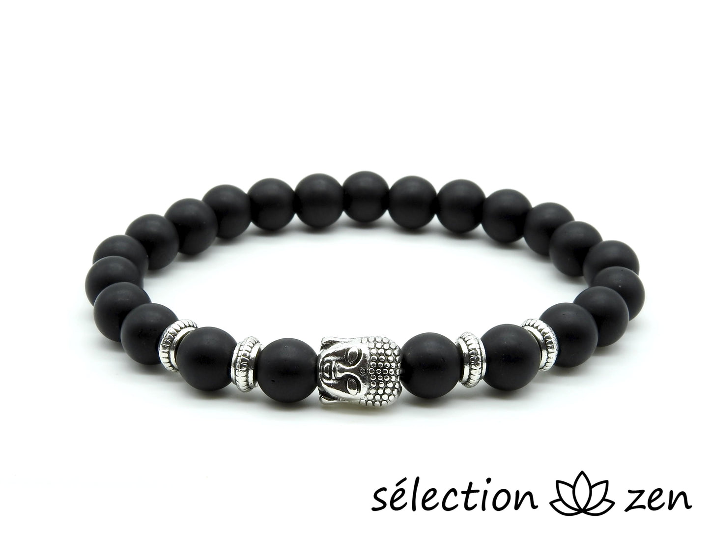 bracelet bouddha argenté onyx noir mat 8mm 19cm selection-zen