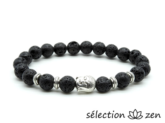 bracelet bouddha argenté pierre de lave 8mm 19cm selection-zen