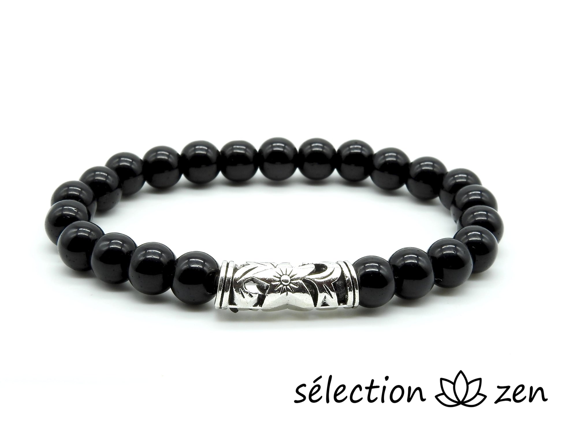 bracelet fleur argenté onyx noir brillant 8mm 19cm selection-zen