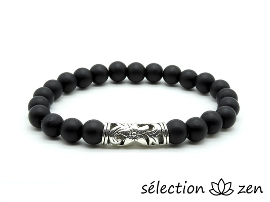 bracelet fleur argenté onyx noir mat 8mm 19cm selection-zen