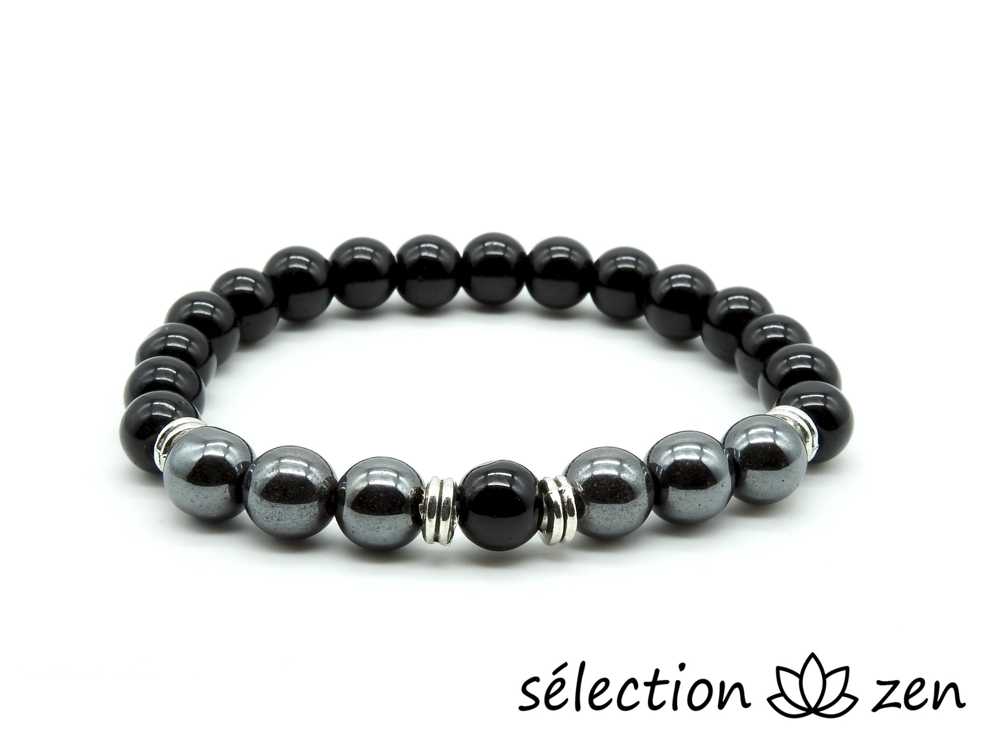 bracelet onyx noir brillant et hématite 8mm 18cm selection-zen