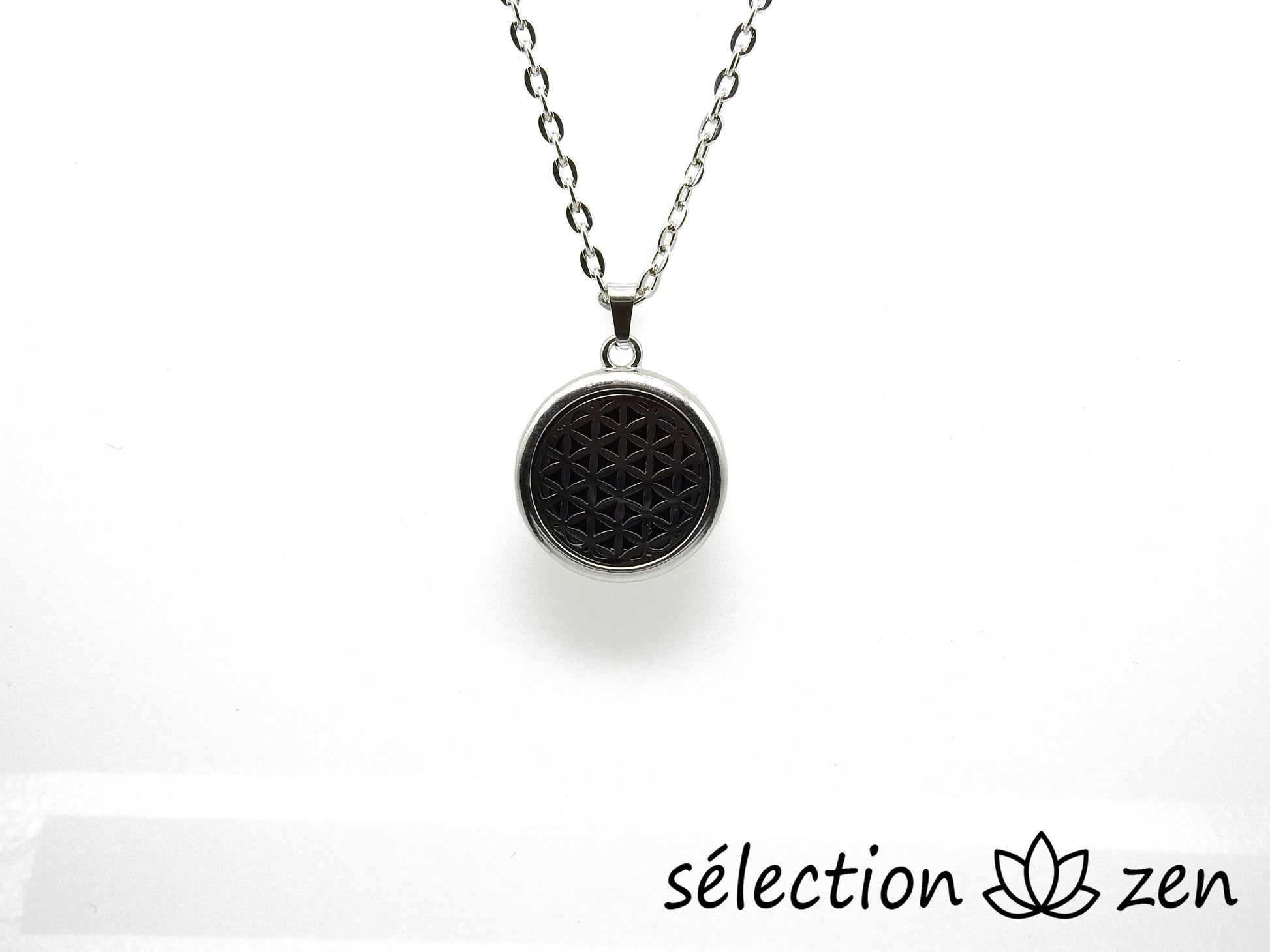 selection zen collier aromathérapie fleur de vie avec disque feutrine pour huiles essentielles ou parfum