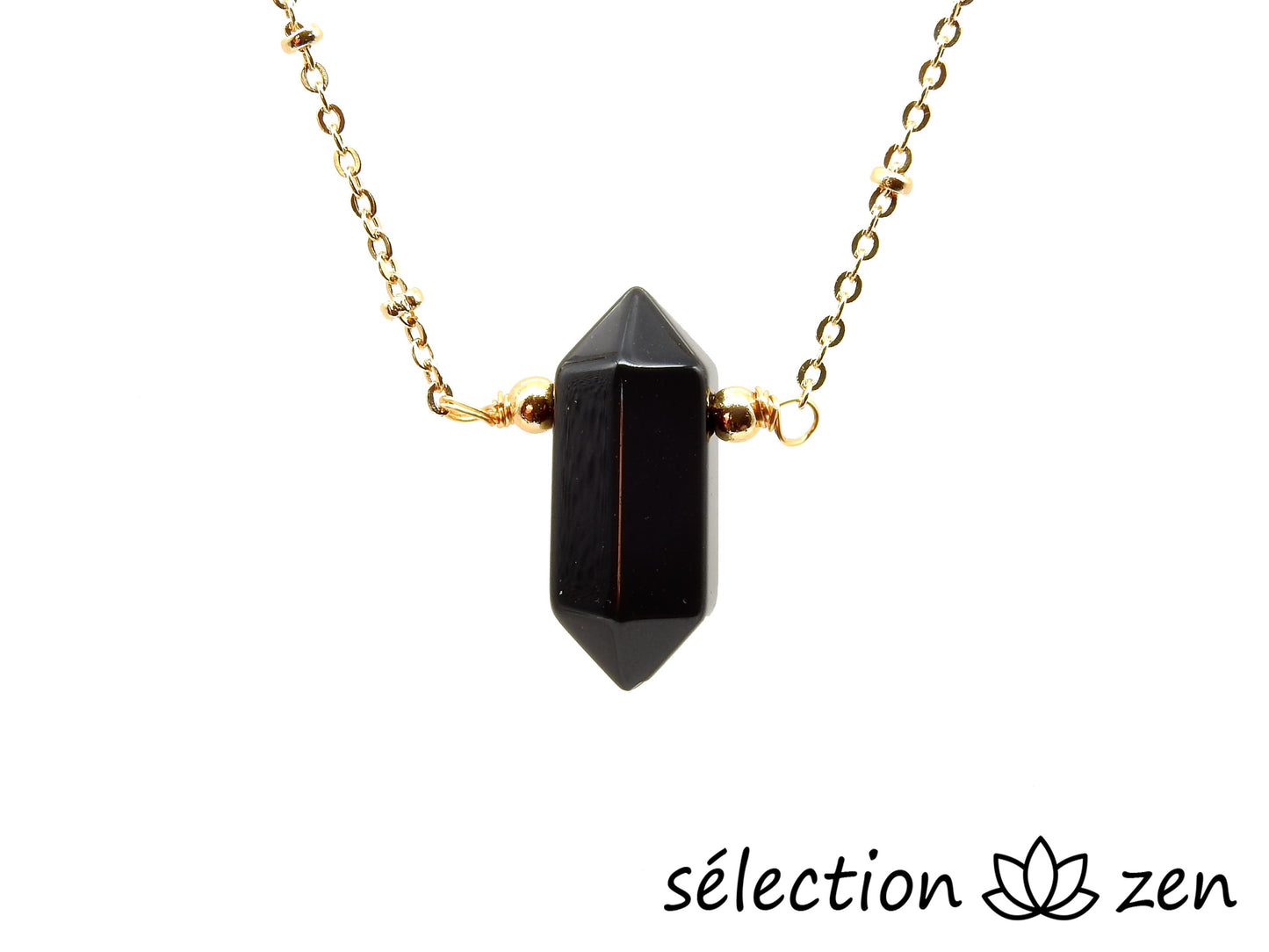 collier doré double pointe agate noire selection-zen