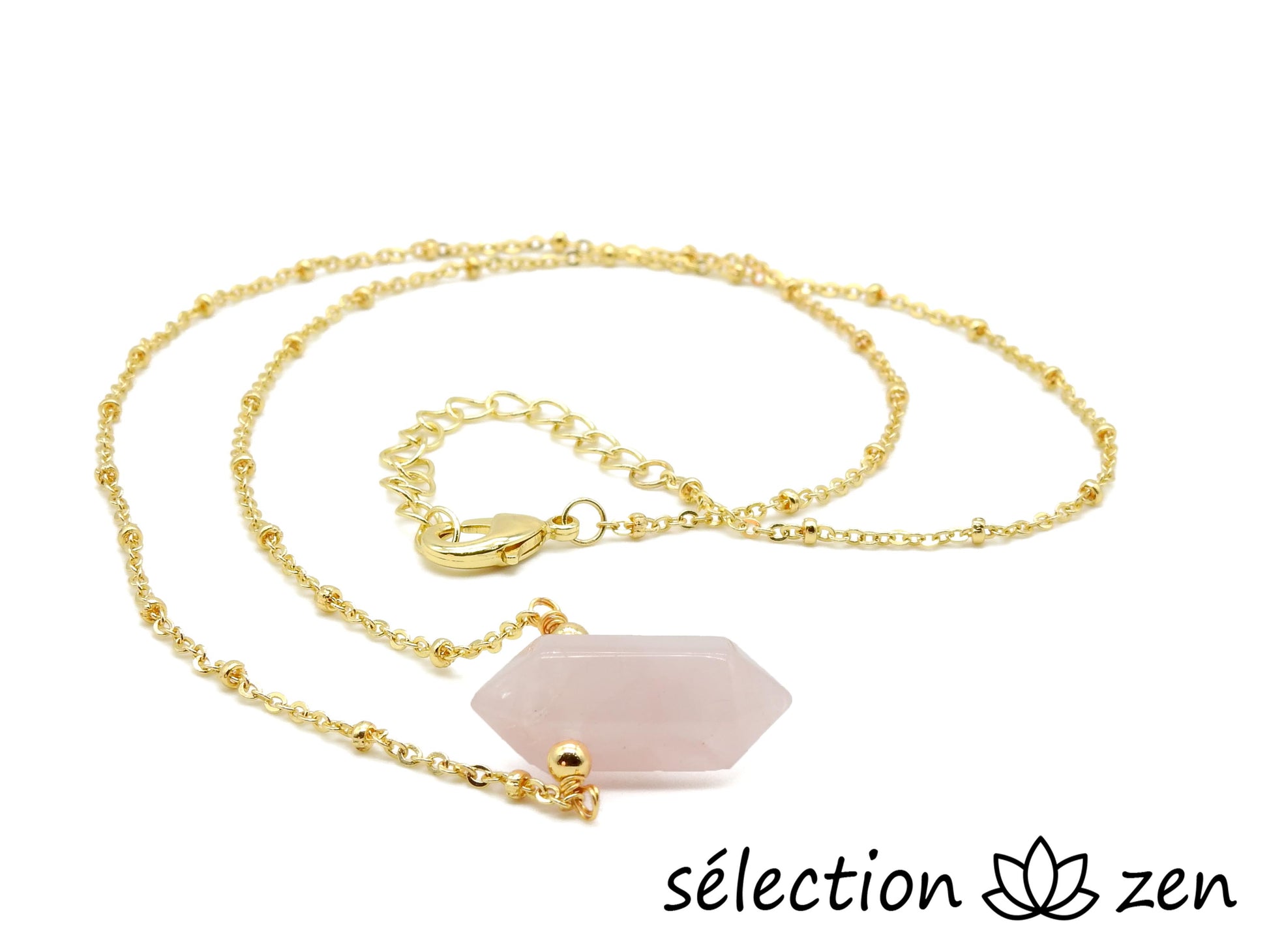 selection zen collier doré double pointe quartz rose