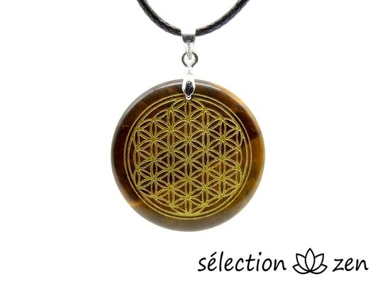 collier fleur de vie dorée œil de tigre jaune selection zen