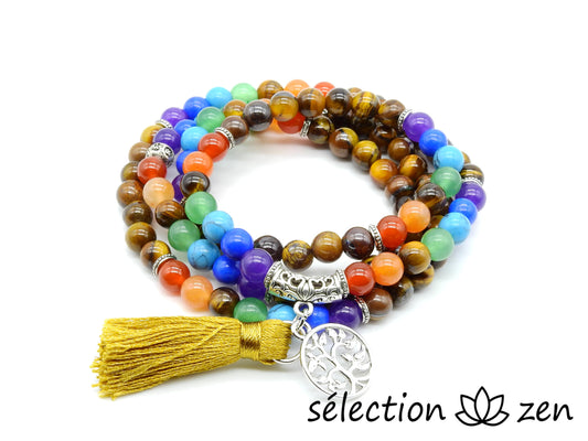 mala oeil de tigre jaune 7 chakras 6mm médaillon arbre de vie selection-zen