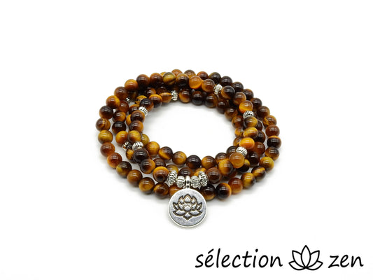 mala 6mm oeil de tigre jaune avec médaillon lotus selection-zen