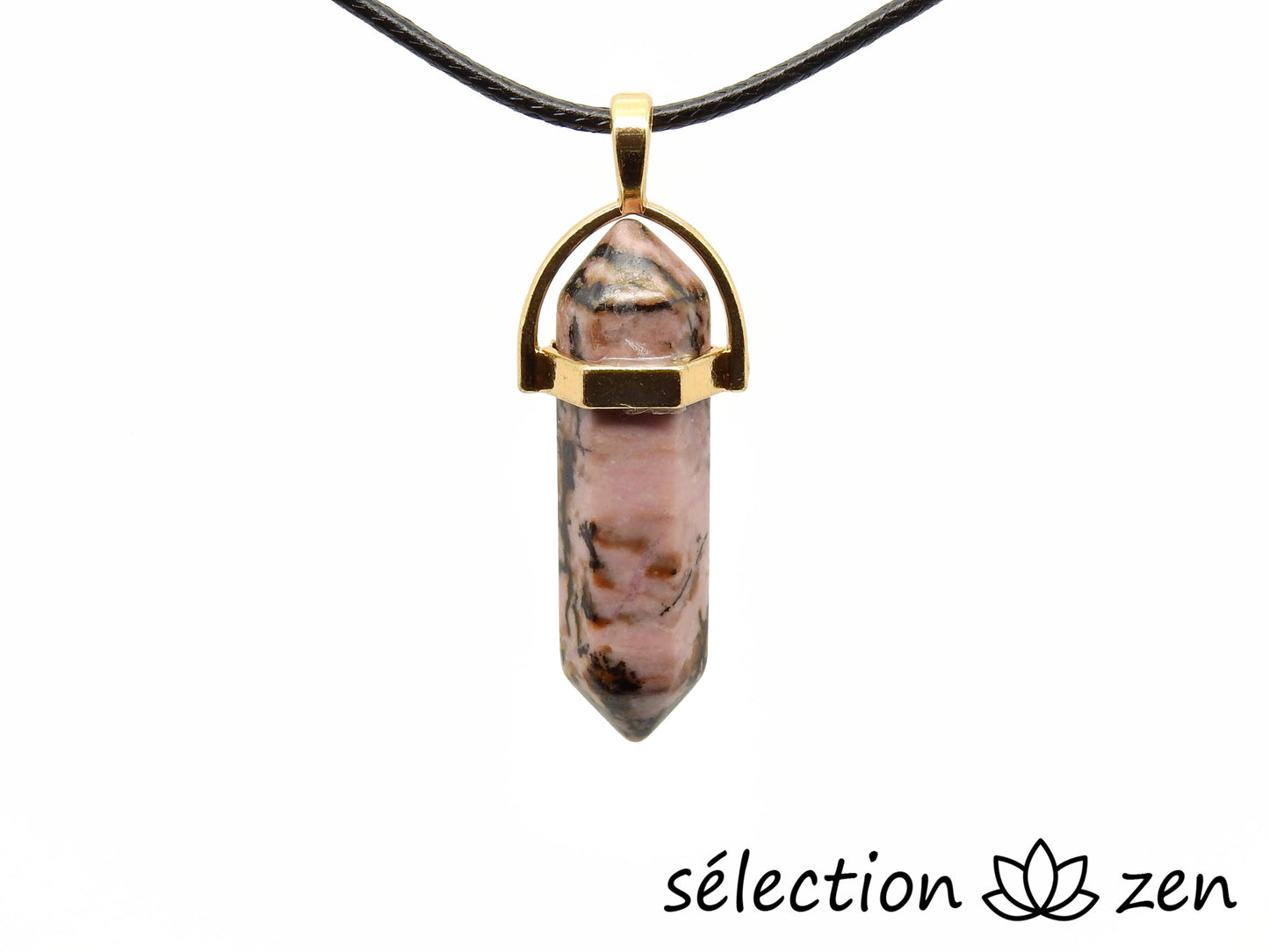 selection zen pendentif doré double pointe rhodonite