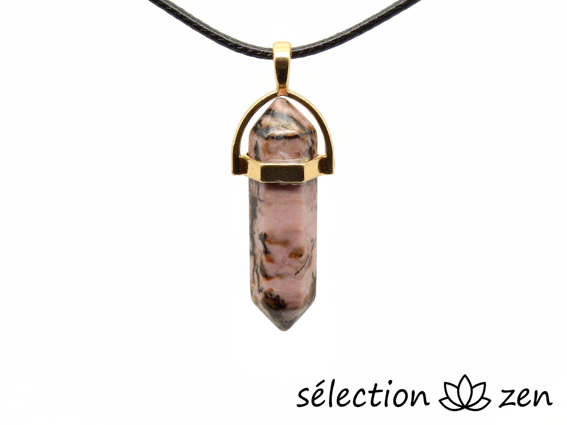 selection zen pendentif doré double pointe rhodonite