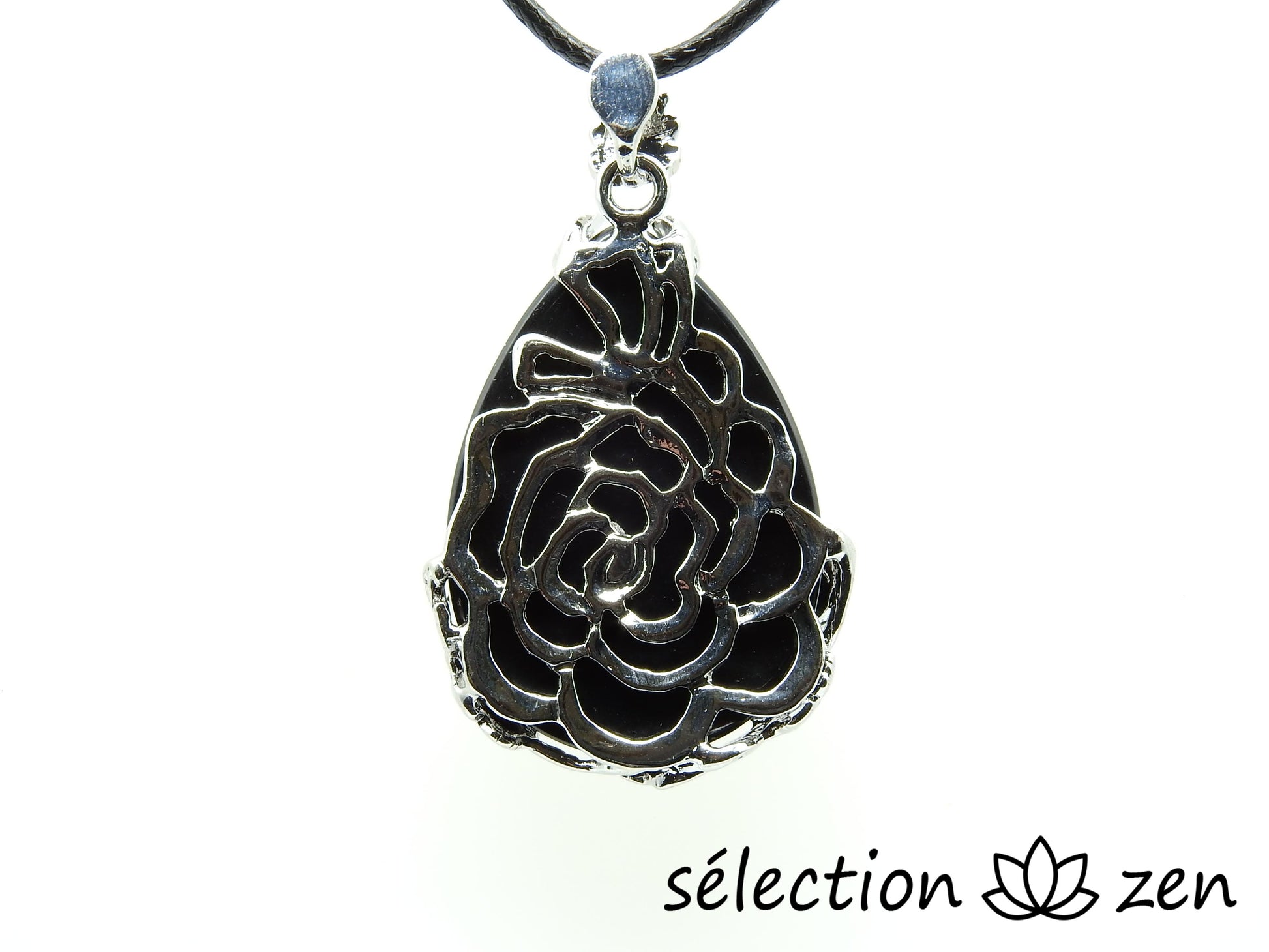 pendentif goutte fleurs agate noire selection-zen