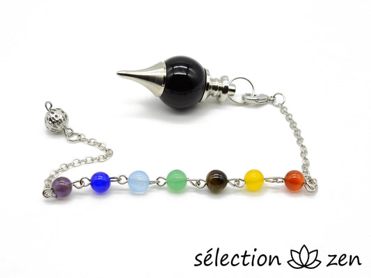 pendule boule onyx noir brillant avec chaine 7 chakras selection zen